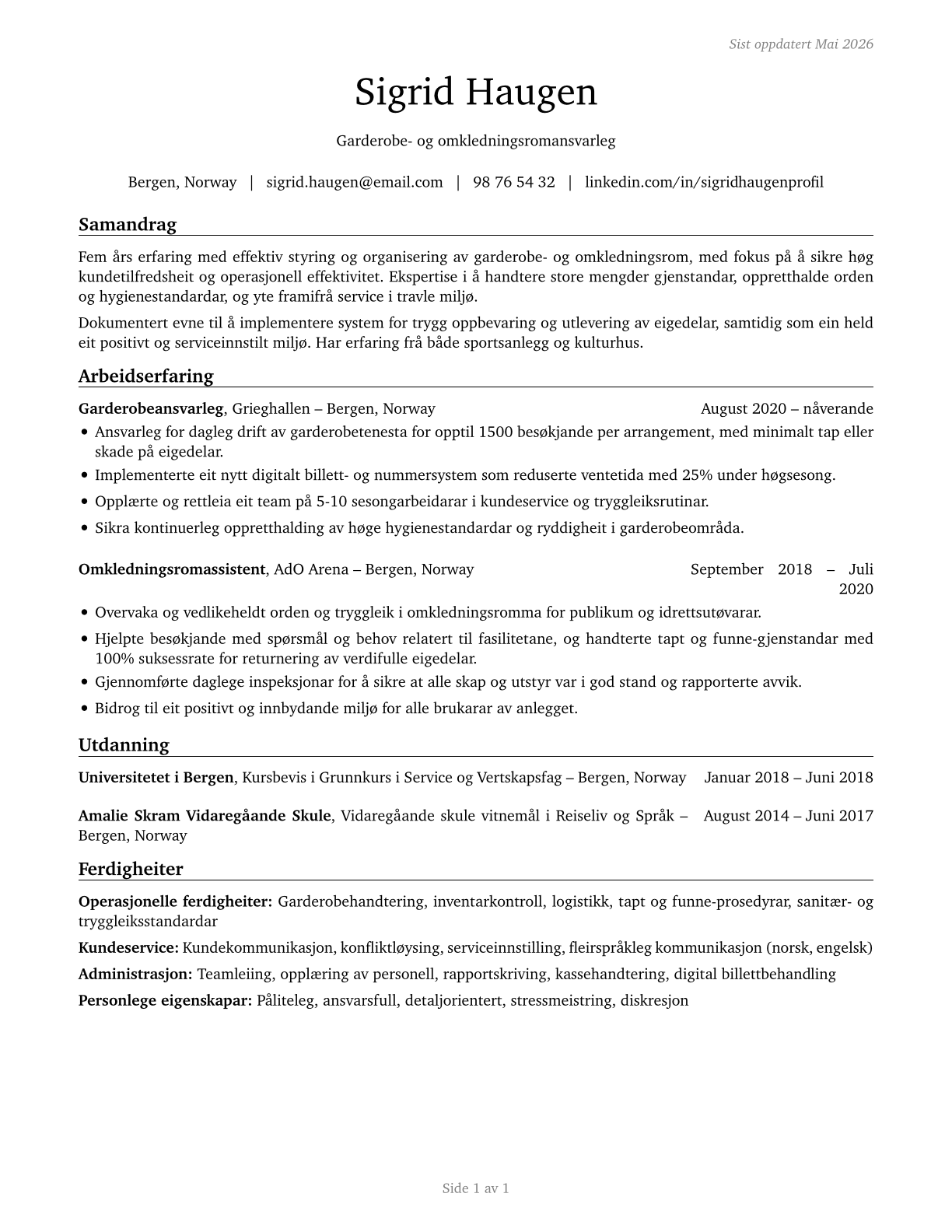 Locker Room, Coatroom, and Dressing Room Attendants CV in Norwegian_nynorsk — page 1