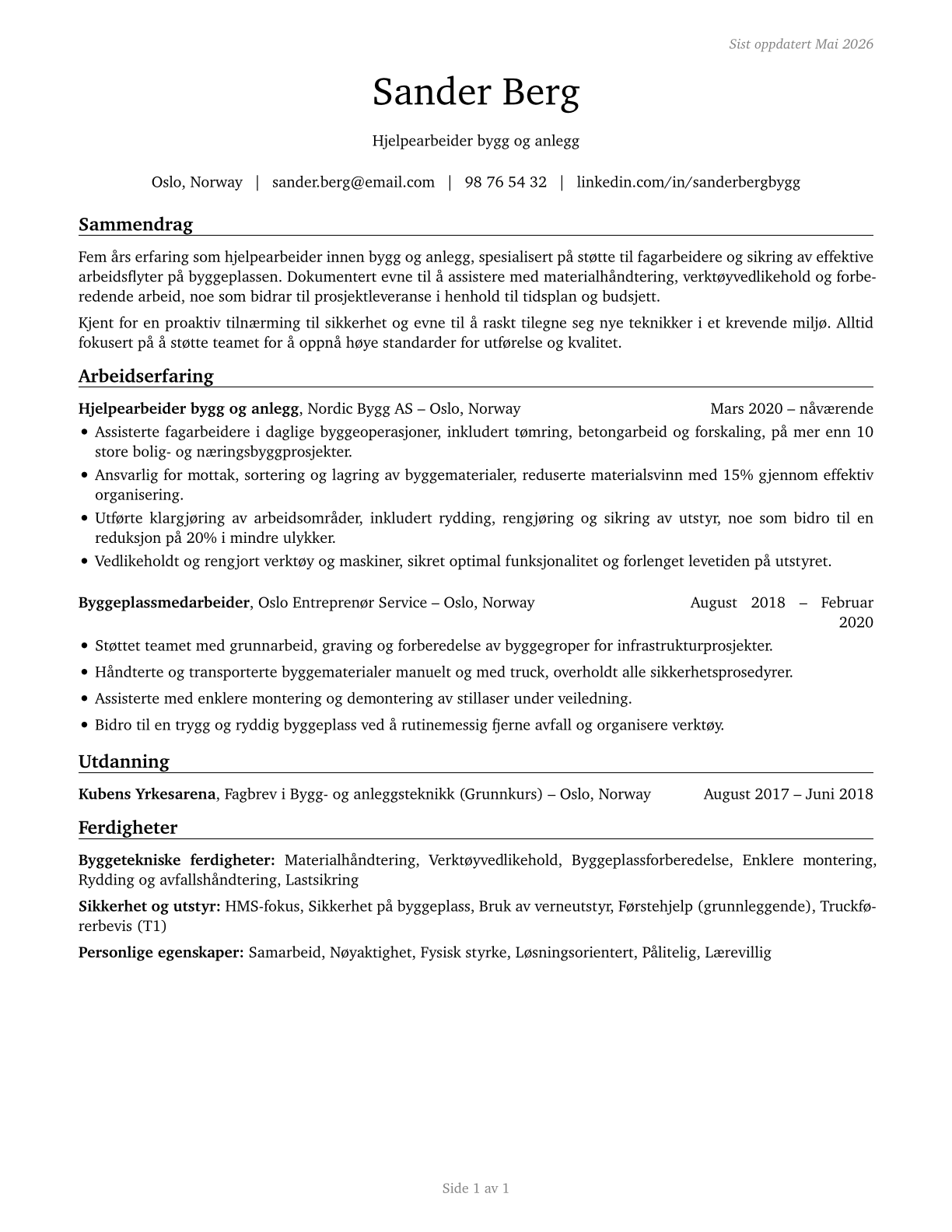 Helpers, Construction Trades, All Other CV in Norwegian_bokmal — page 1