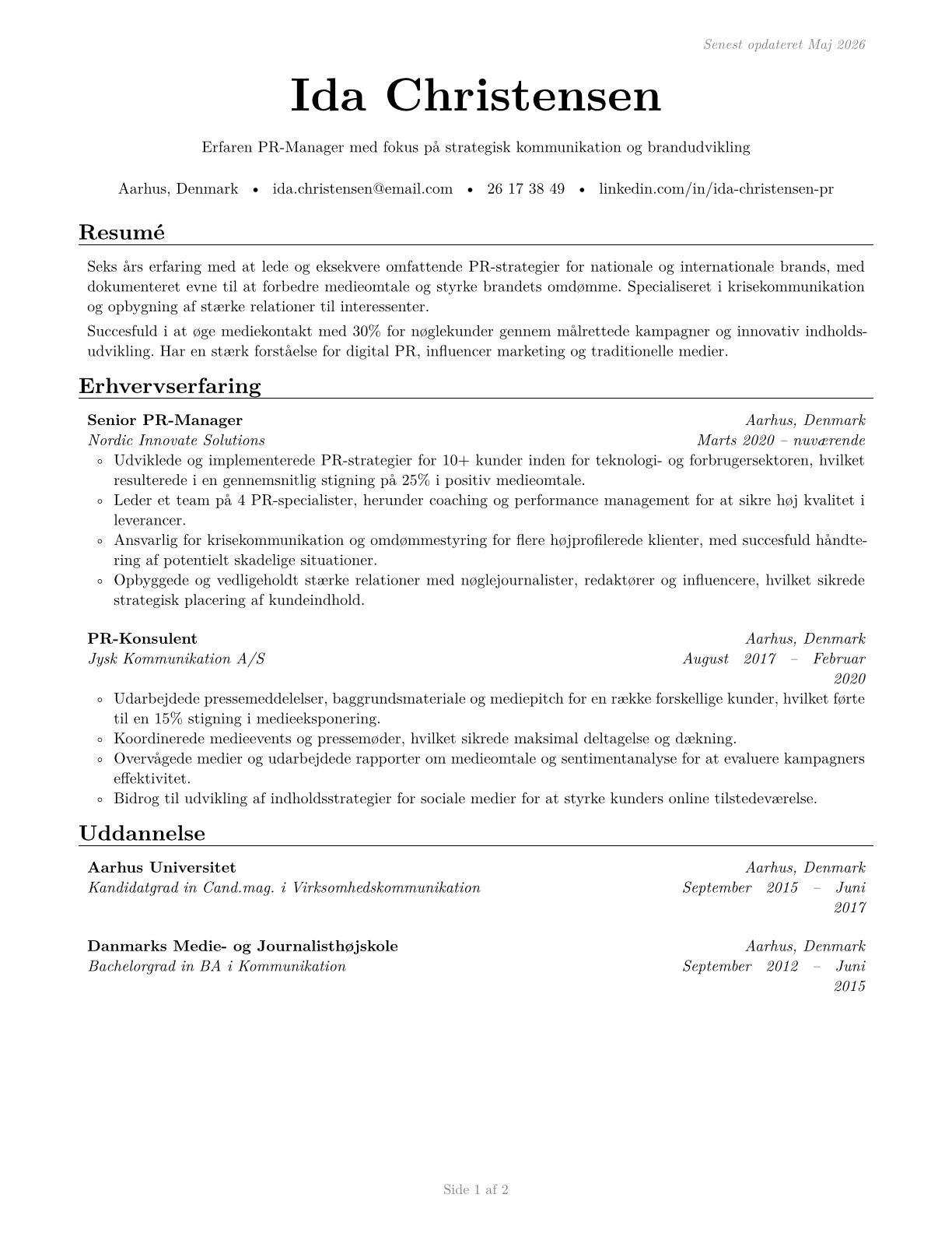 Public Relations Managers CV in Danish — page 1