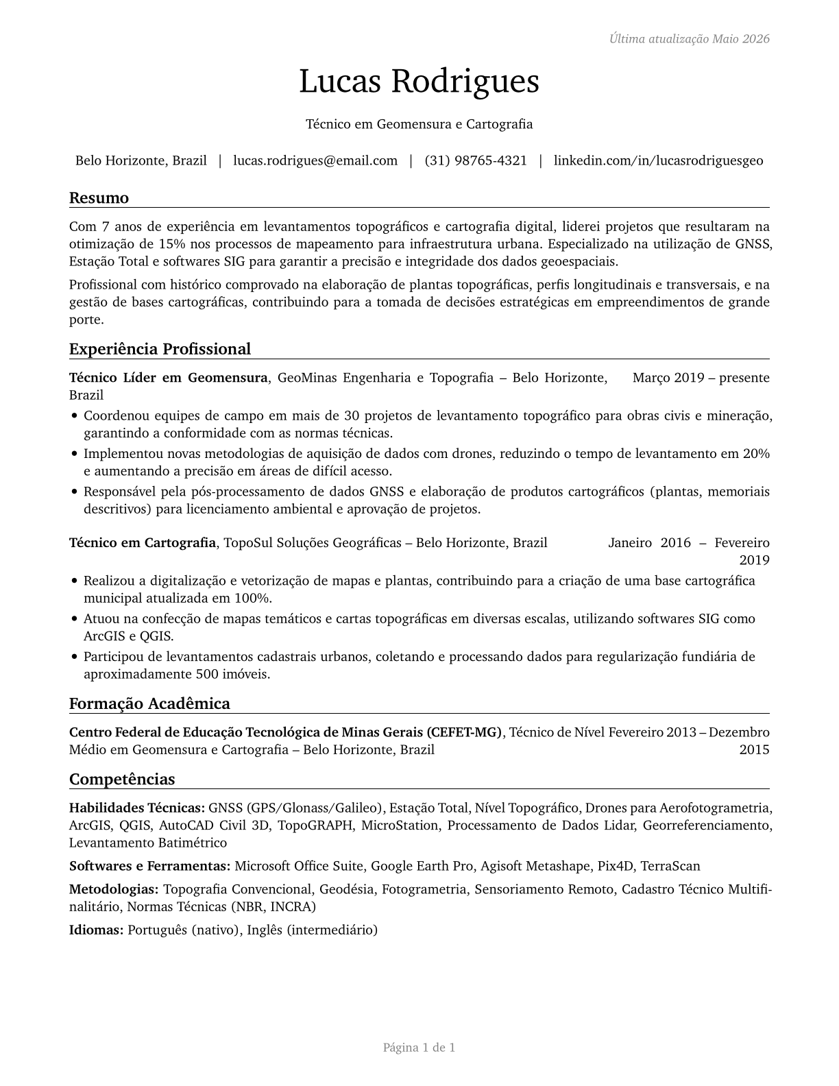 Surveying and Mapping Technicians CV in Portuguese — page 1