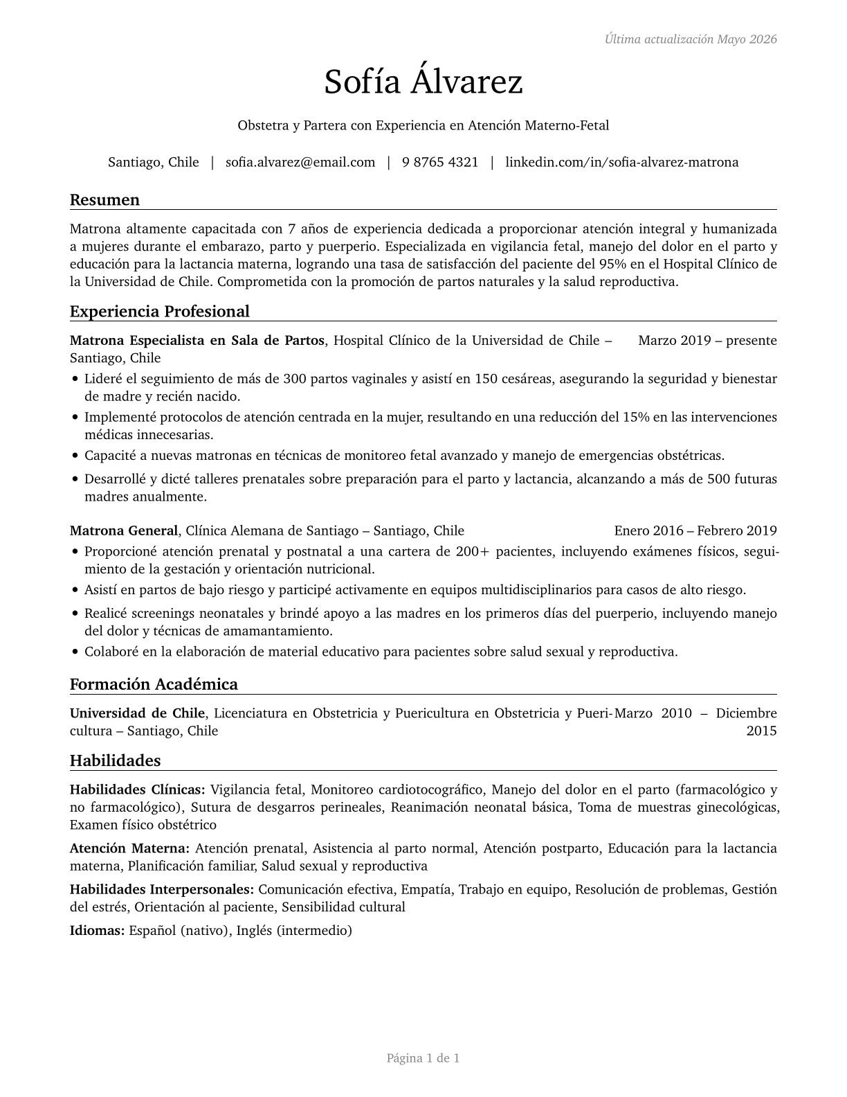 Midwives CV in Spanish — page 1
