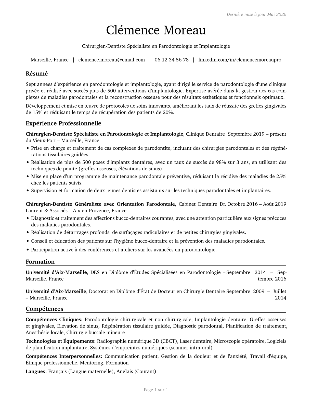 Dentists, All Other Specialists CV in French — page 1