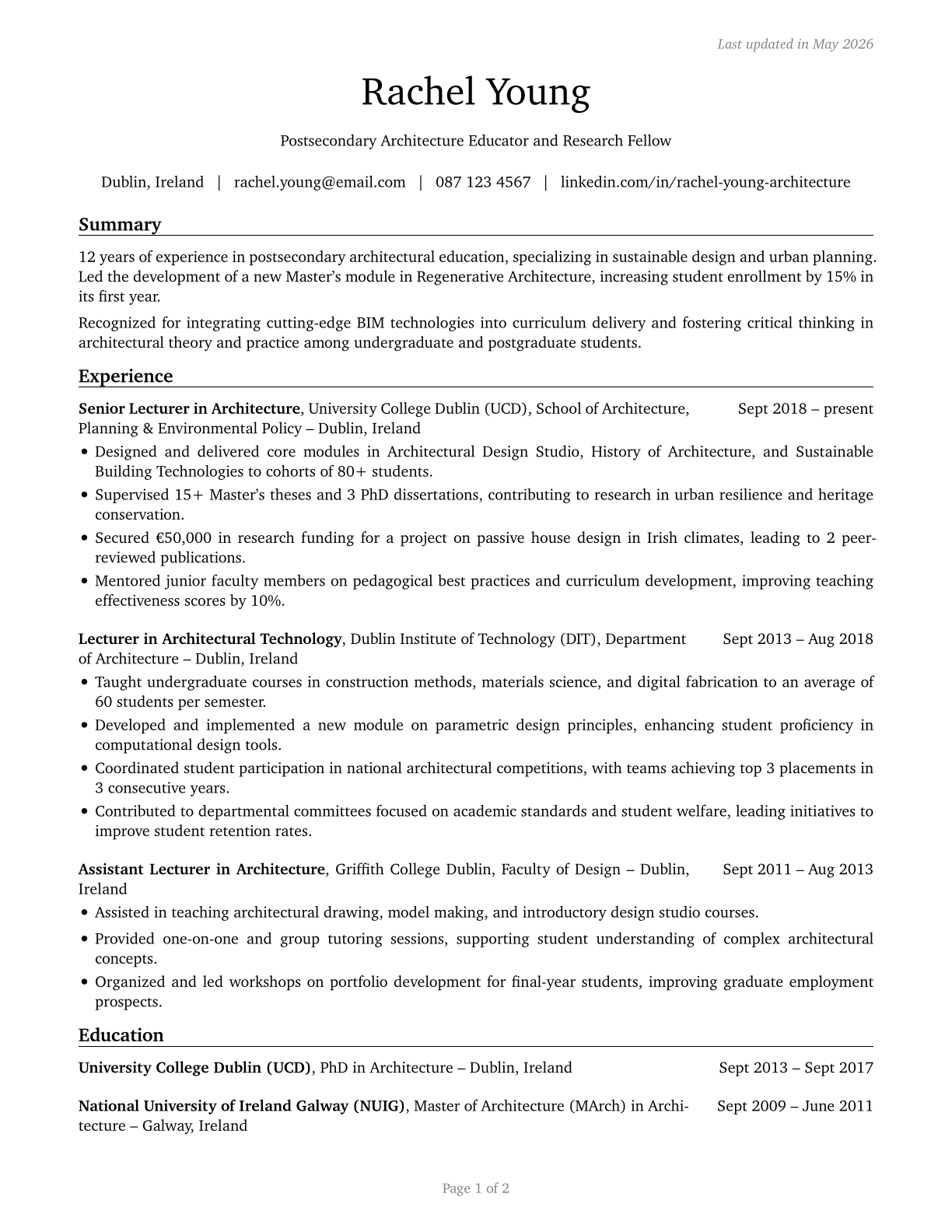 Architecture Teachers, Postsecondary CV in English — page 1