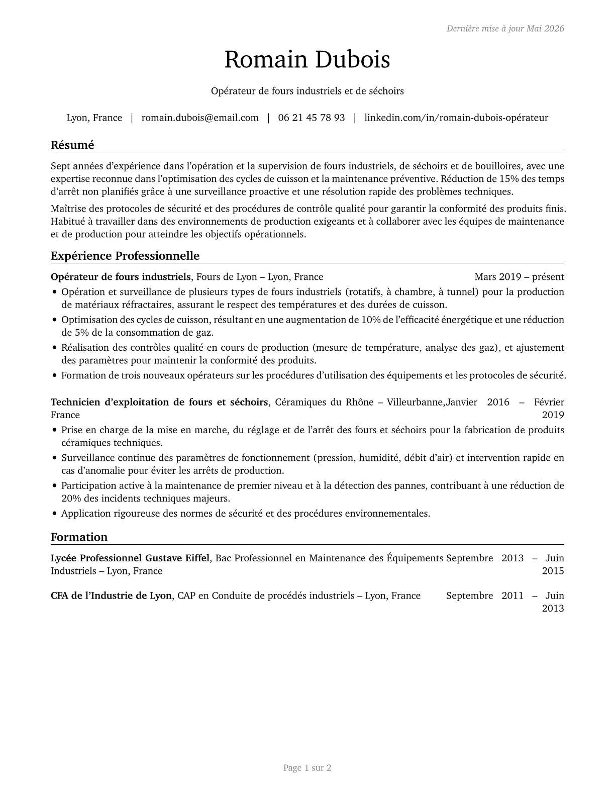 Furnace, Kiln, Oven, Drier, and Kettle Operators and Tenders CV in French — page 1