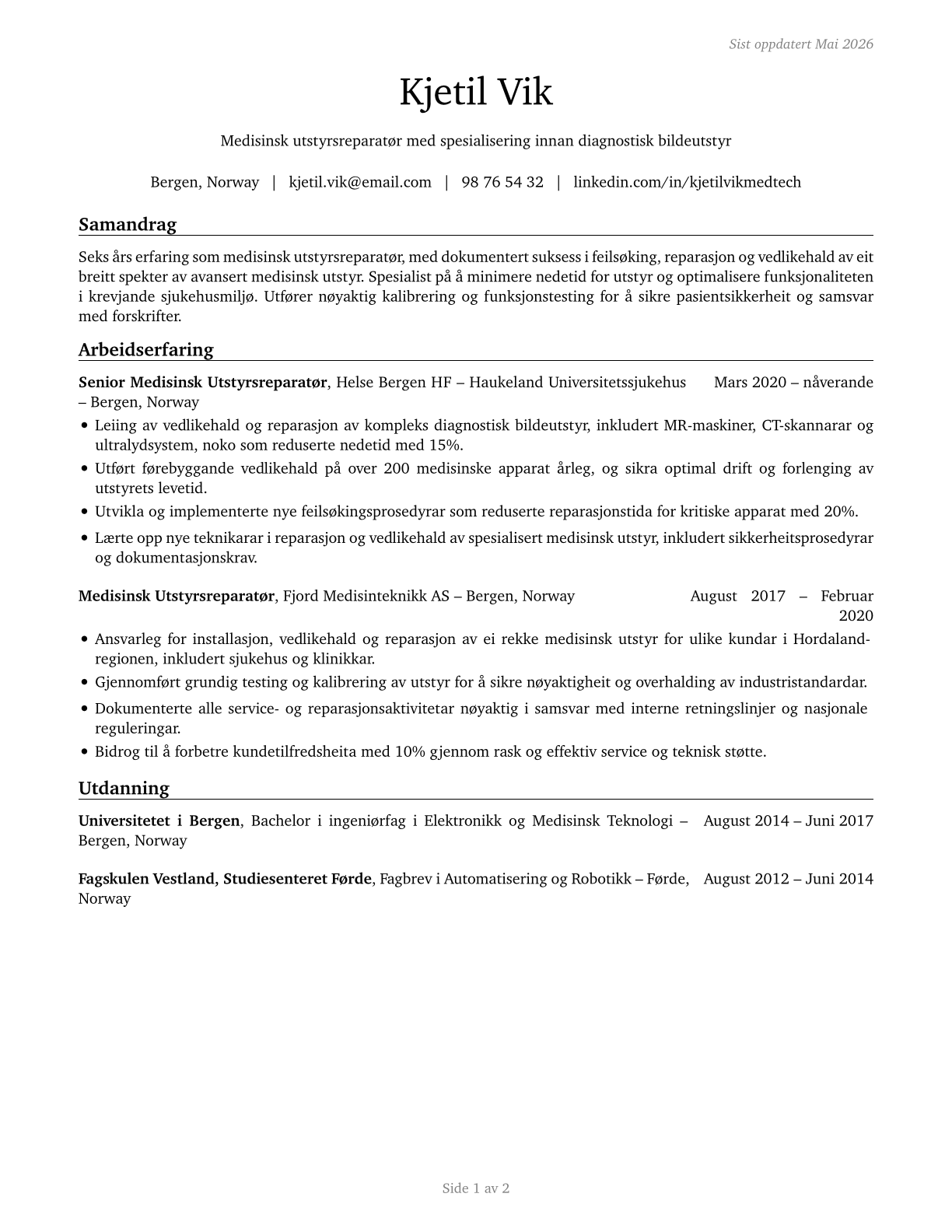 Medical Equipment Repairers CV in Norwegian_nynorsk — page 1