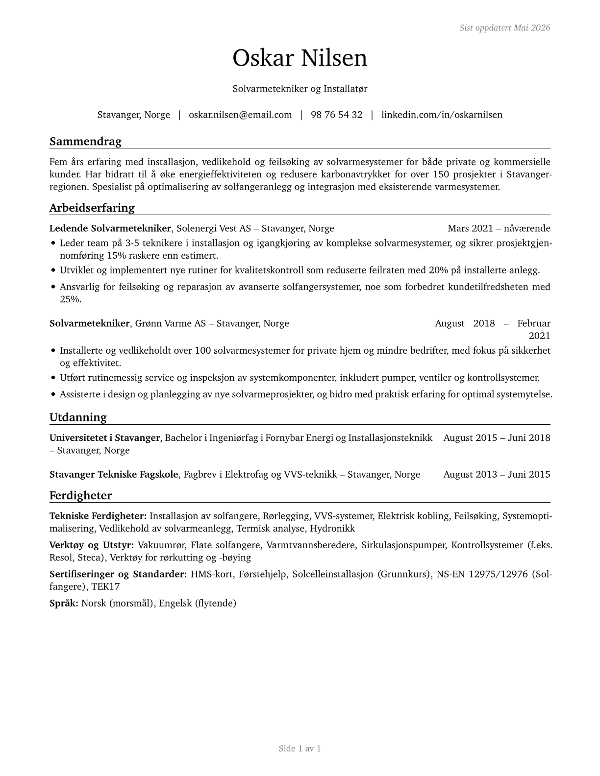 Solar Thermal Installers and Technicians CV in Norwegian_bokmal — page 1
