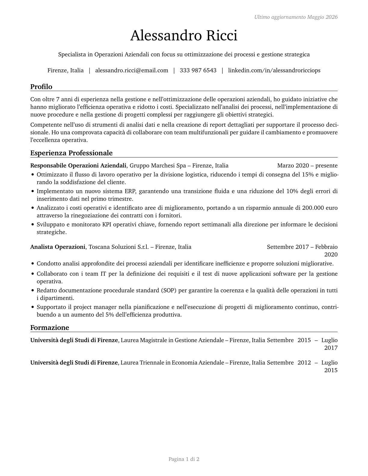Business Operations Specialists, All Other CV in Italian — page 1
