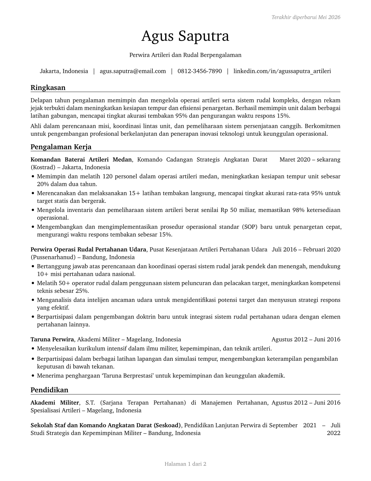 Artillery and Missile Officers CV in Indonesian — page 1