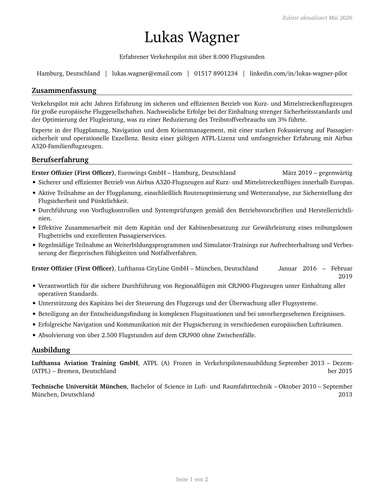 Commercial Pilots CV in German — page 1