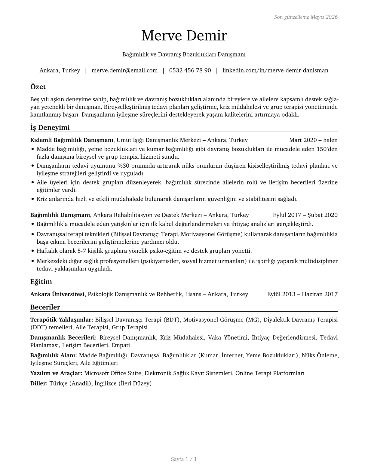 Substance Abuse and Behavioral Disorder Counselors CV in Turkish — page 1