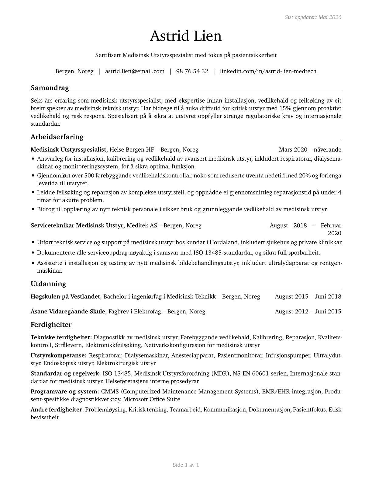 Medical Appliance Technicians CV in Norwegian_nynorsk — page 1