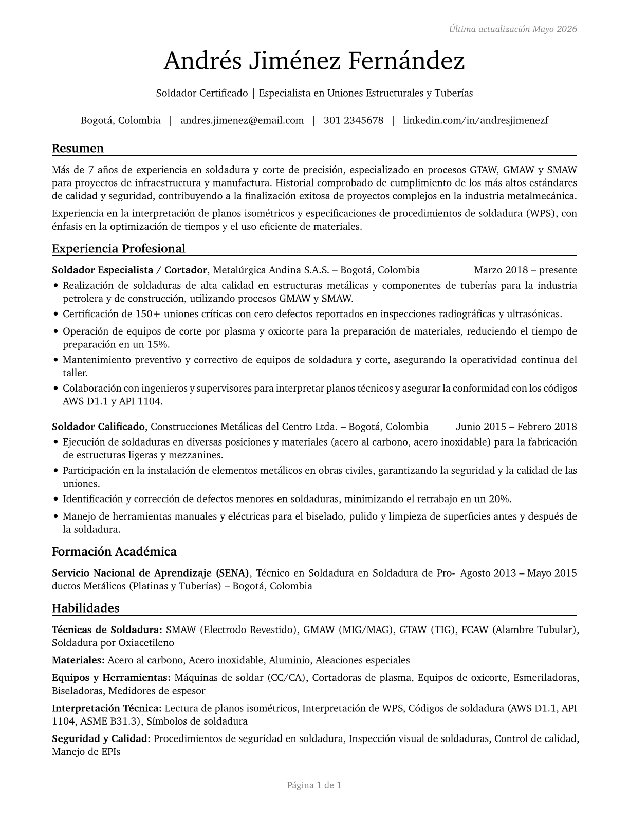 Welders, Cutters, Solderers, and Brazers CV in Spanish — page 1