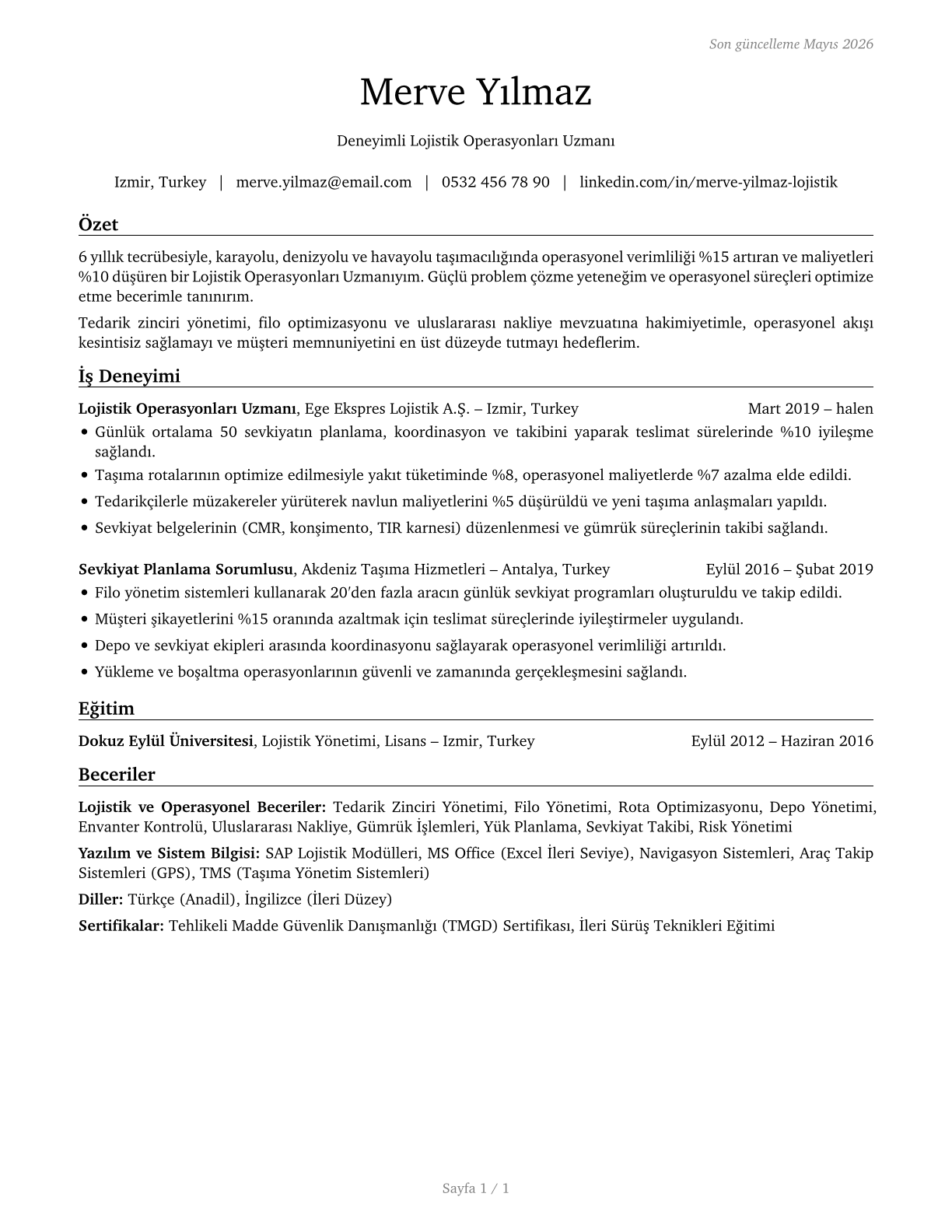Transportation Workers, All Other CV in Turkish — page 1