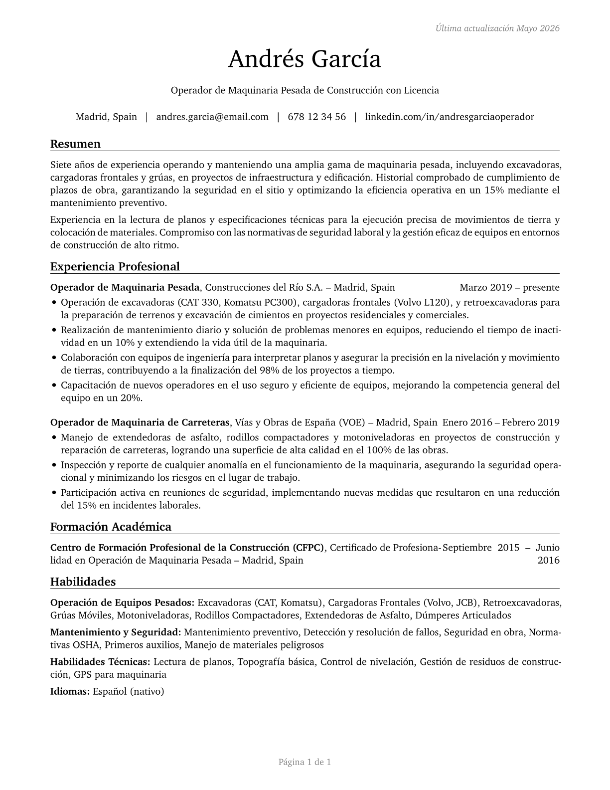 Operating Engineers and Other Construction Equipment Operators CV in Spanish — page 1