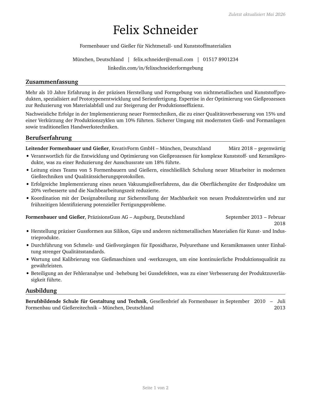 Molders, Shapers, and Casters, Except Metal and Plastic CV in German — page 1