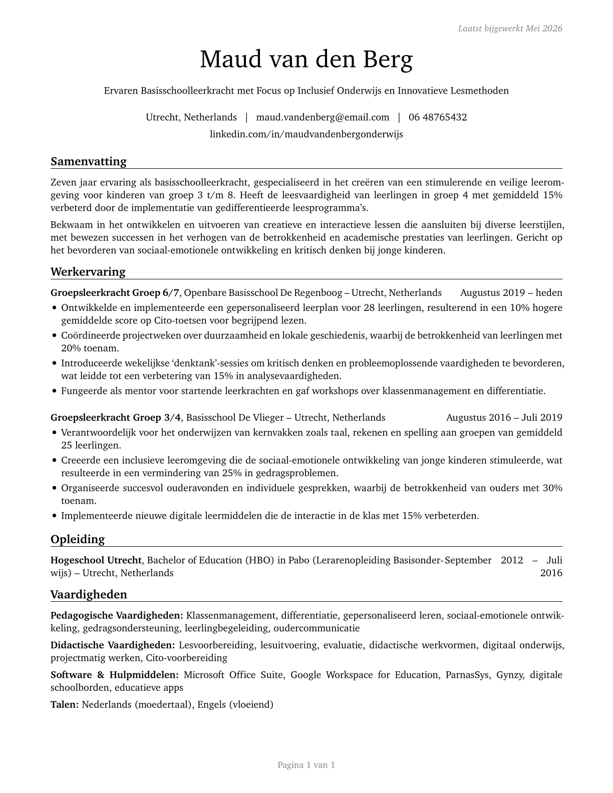 Elementary School Teachers, Except Special Education CV in Dutch — page 1