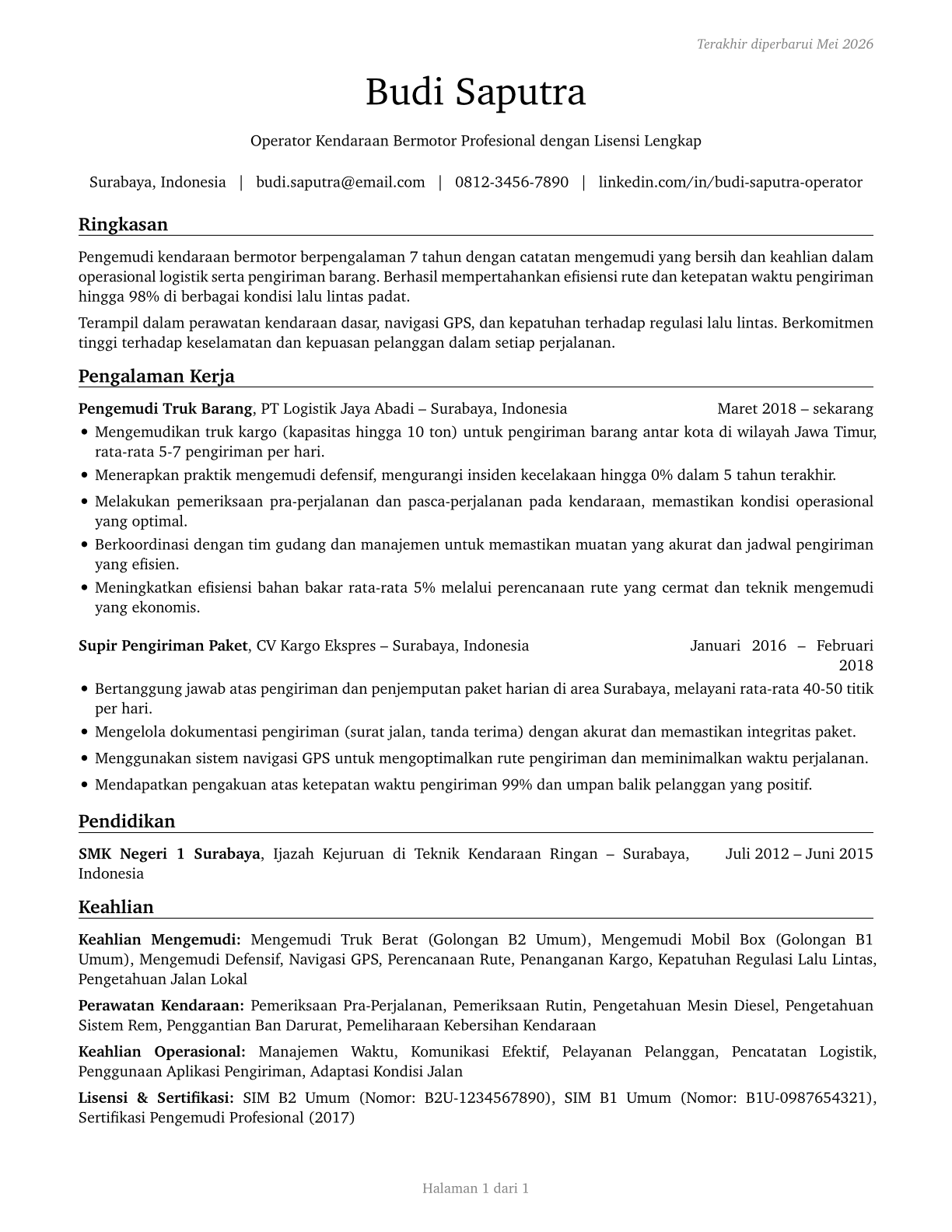 Motor Vehicle Operators, All Other CV in Indonesian — page 1