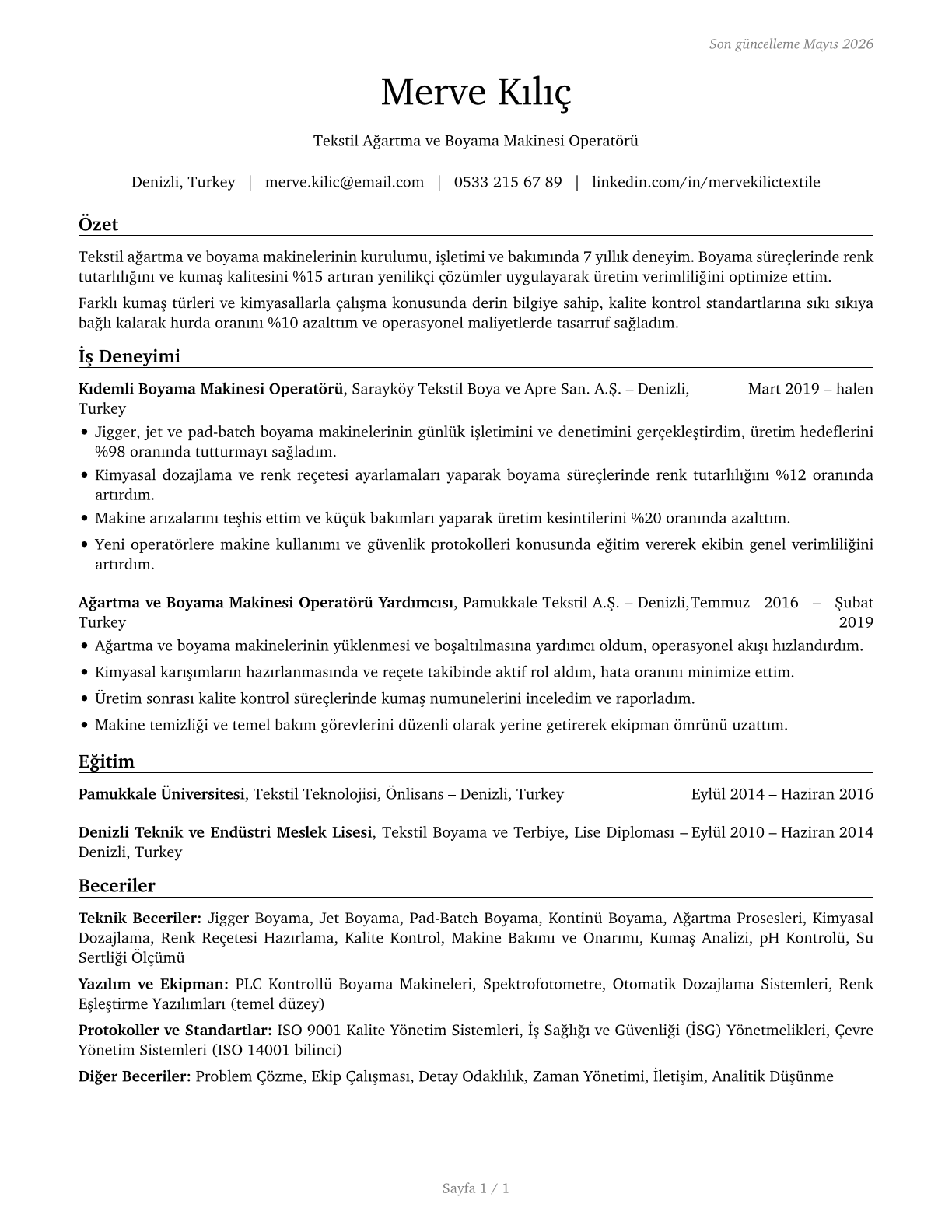 Textile Bleaching and Dyeing Machine Operators and Tenders CV in Turkish — page 1