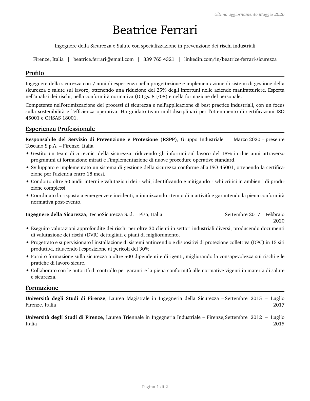 Health and Safety Engineers, Except Mining Safety Engineers and Inspectors CV in Italian — page 1
