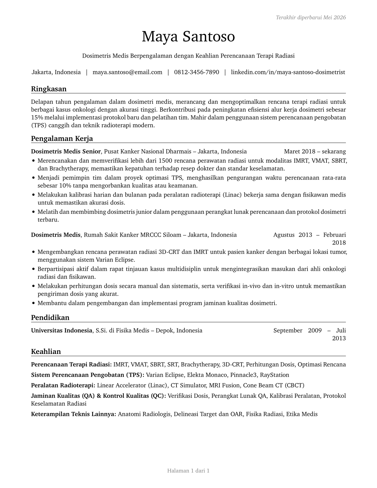 Medical Dosimetrists CV in Indonesian — page 1