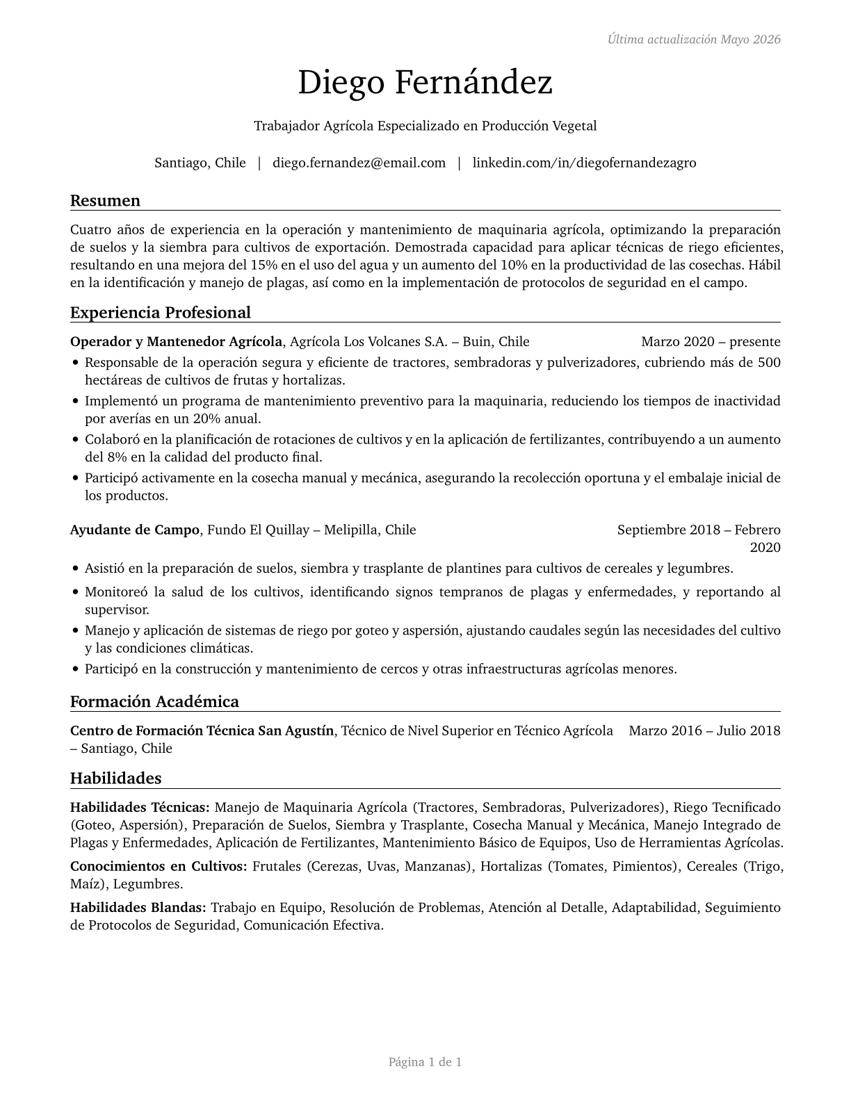 Agricultural Workers, All Other CV in Spanish — page 1
