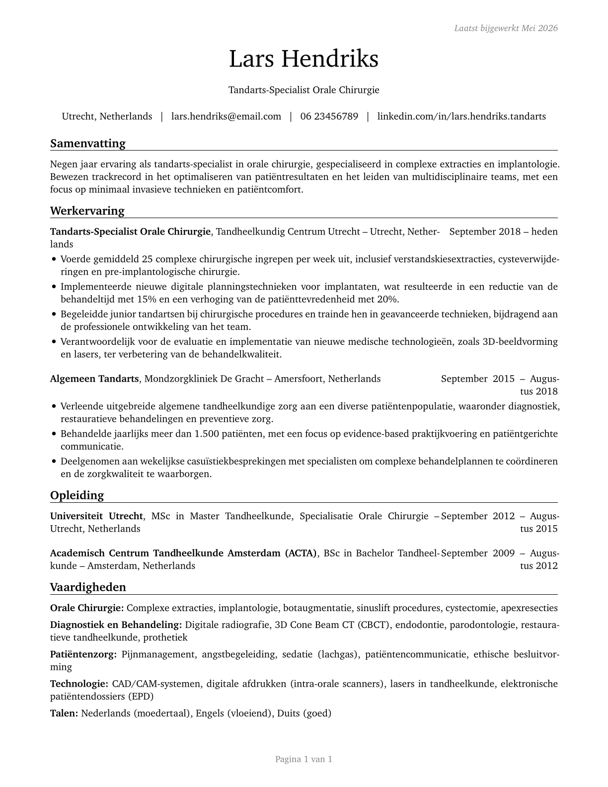 Dentists, All Other Specialists CV in Dutch — page 1