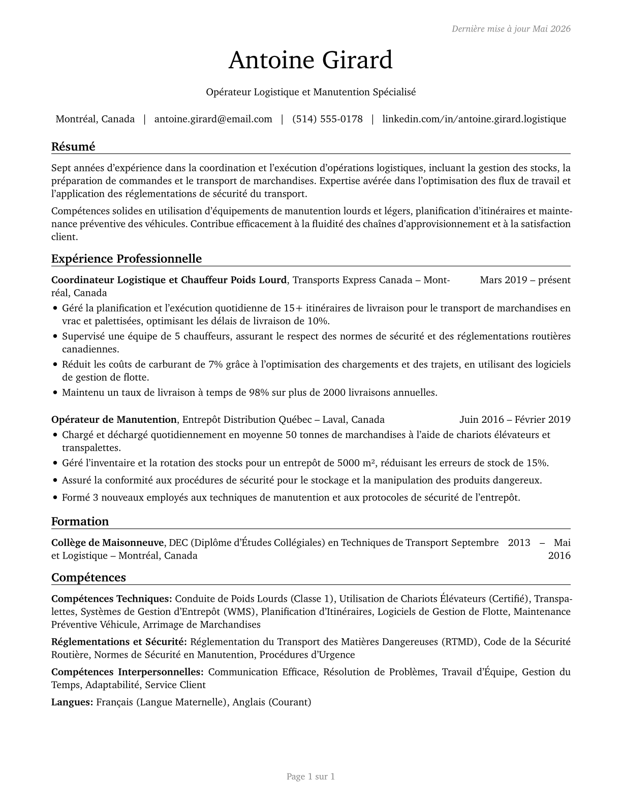 Transportation Workers, All Other CV in French — page 1