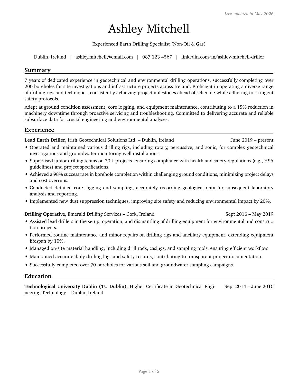 Earth Drillers, Except Oil and Gas CV in English — page 1