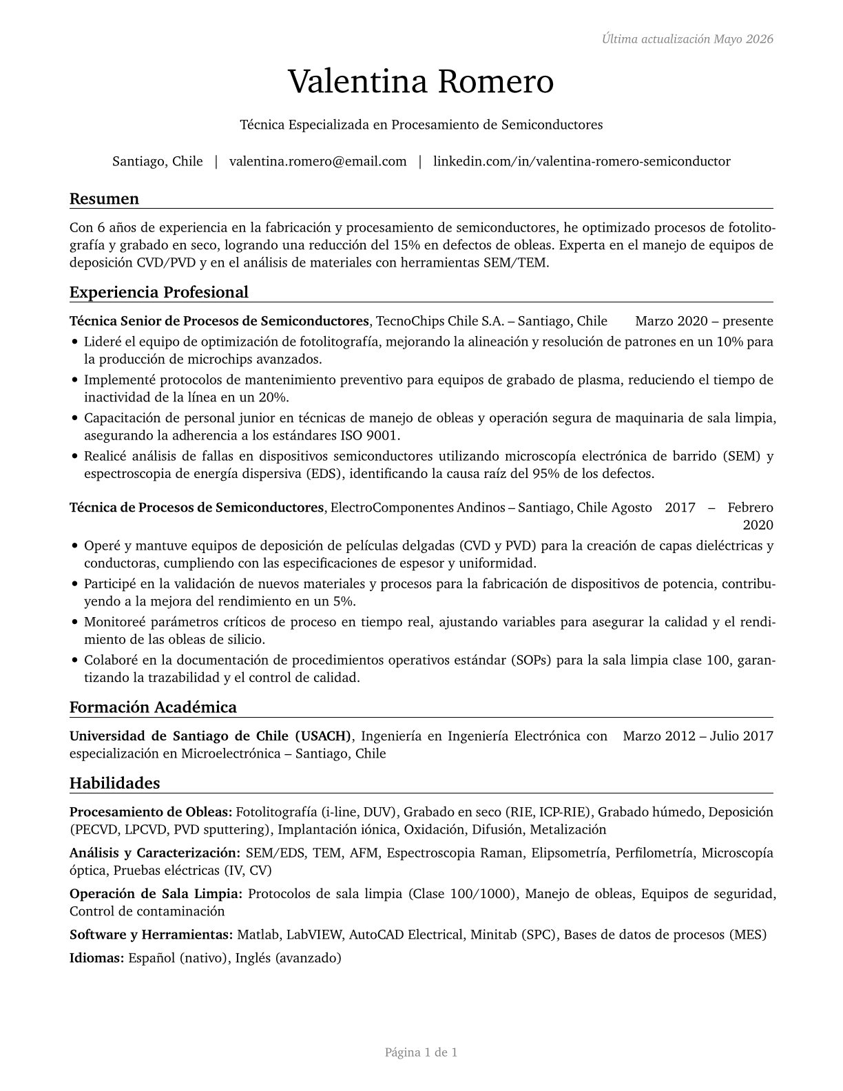 Semiconductor Processing Technicians CV in Spanish — page 1