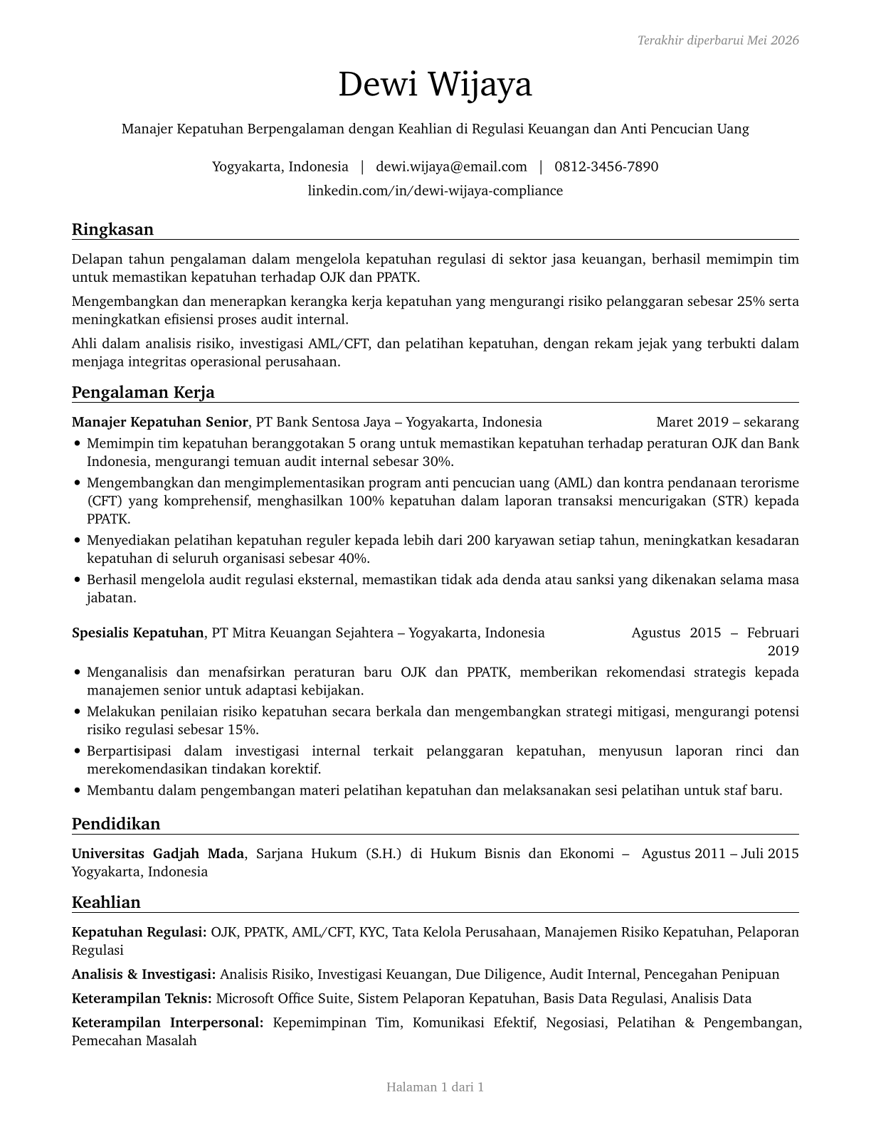 Compliance Managers CV in Indonesian — page 1
