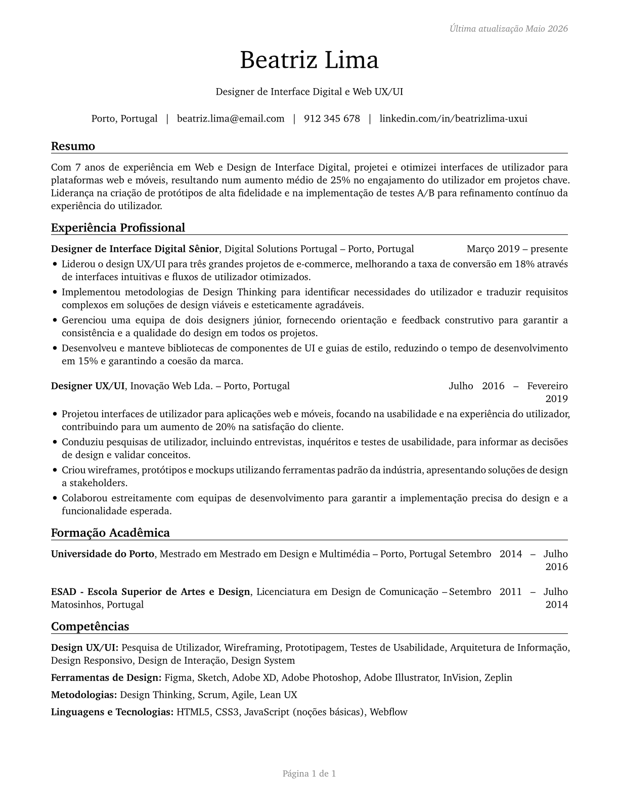 Web and Digital Interface Designers CV in Portuguese — page 1