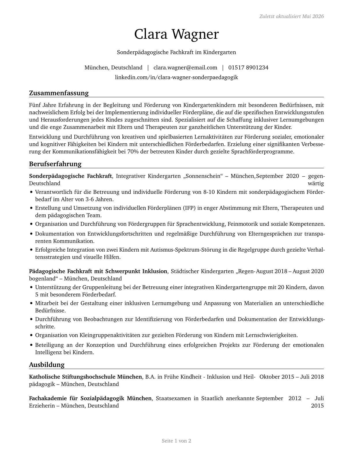 Special Education Teachers, Kindergarten CV in German — page 1