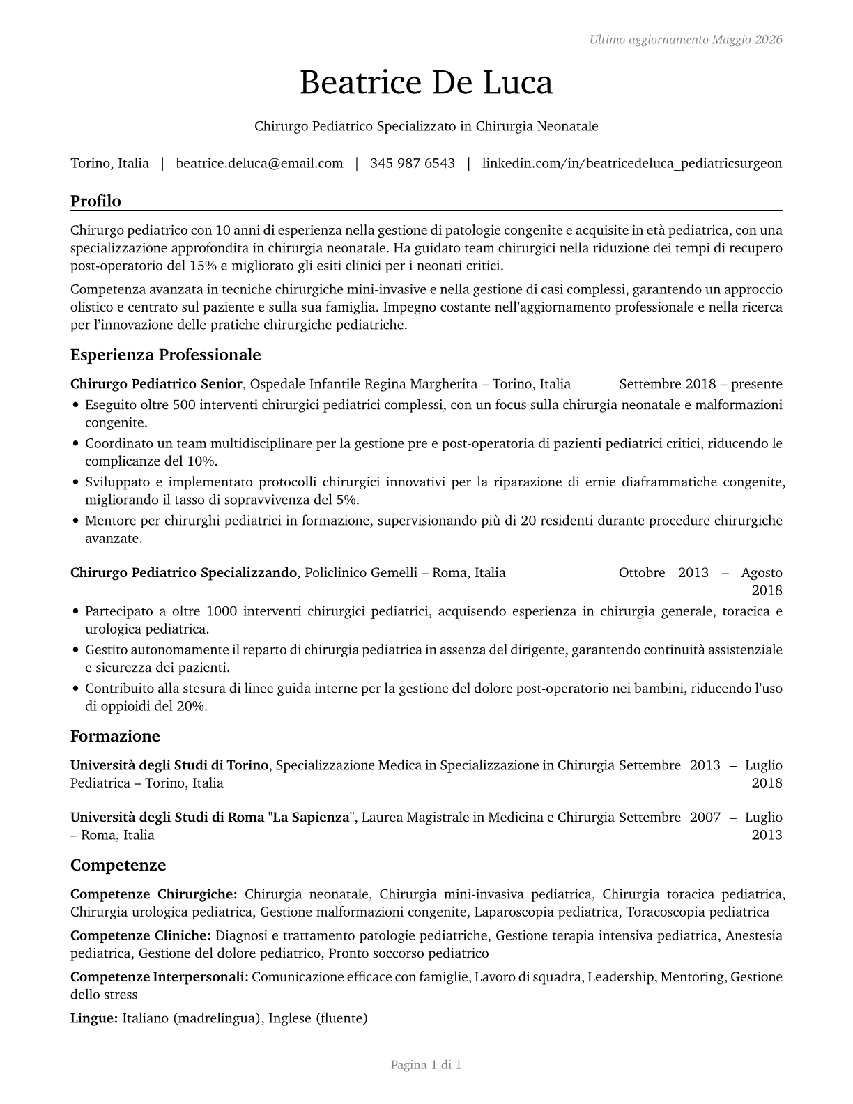 Pediatric Surgeons CV in Italian — page 1