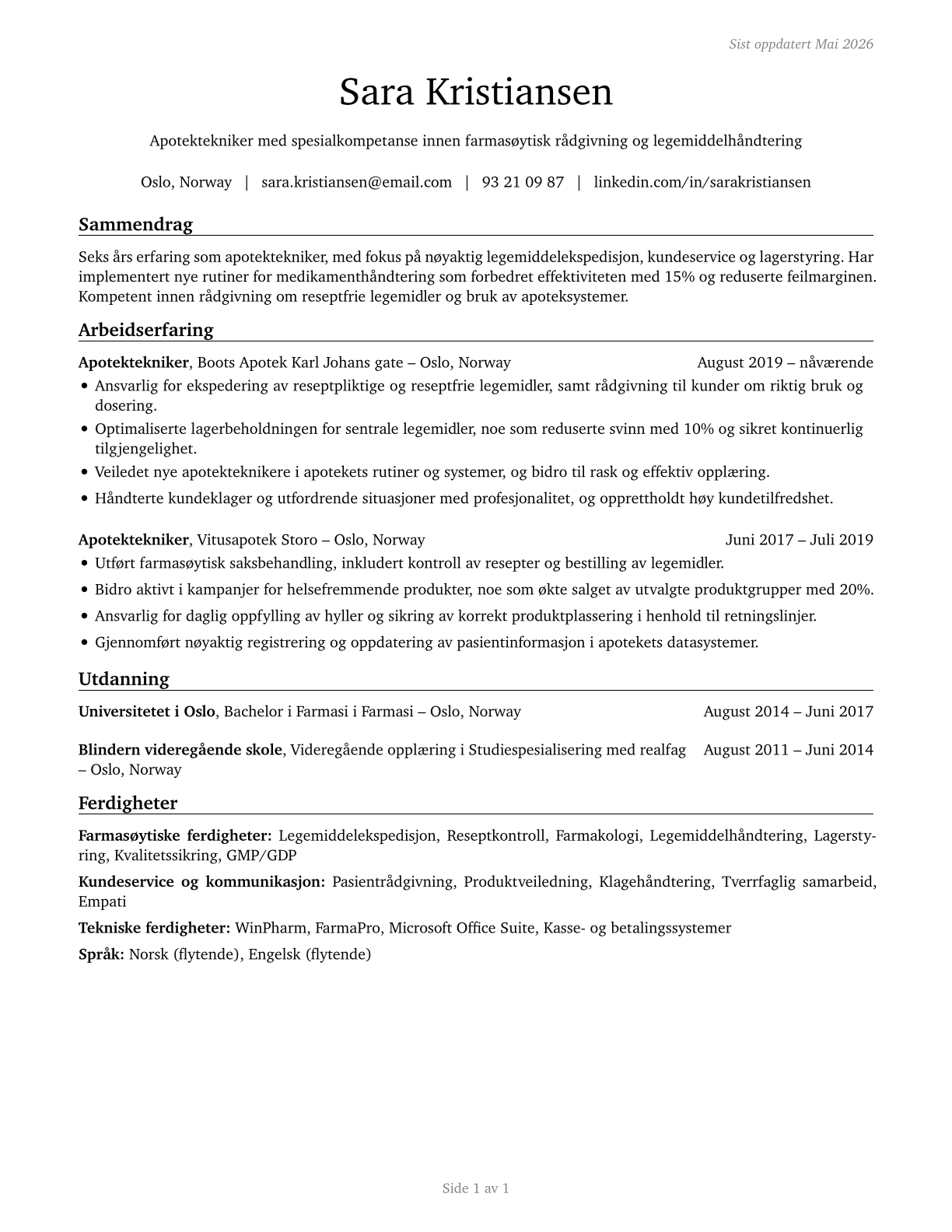 Pharmacy Technicians CV in Norwegian_bokmal — page 1