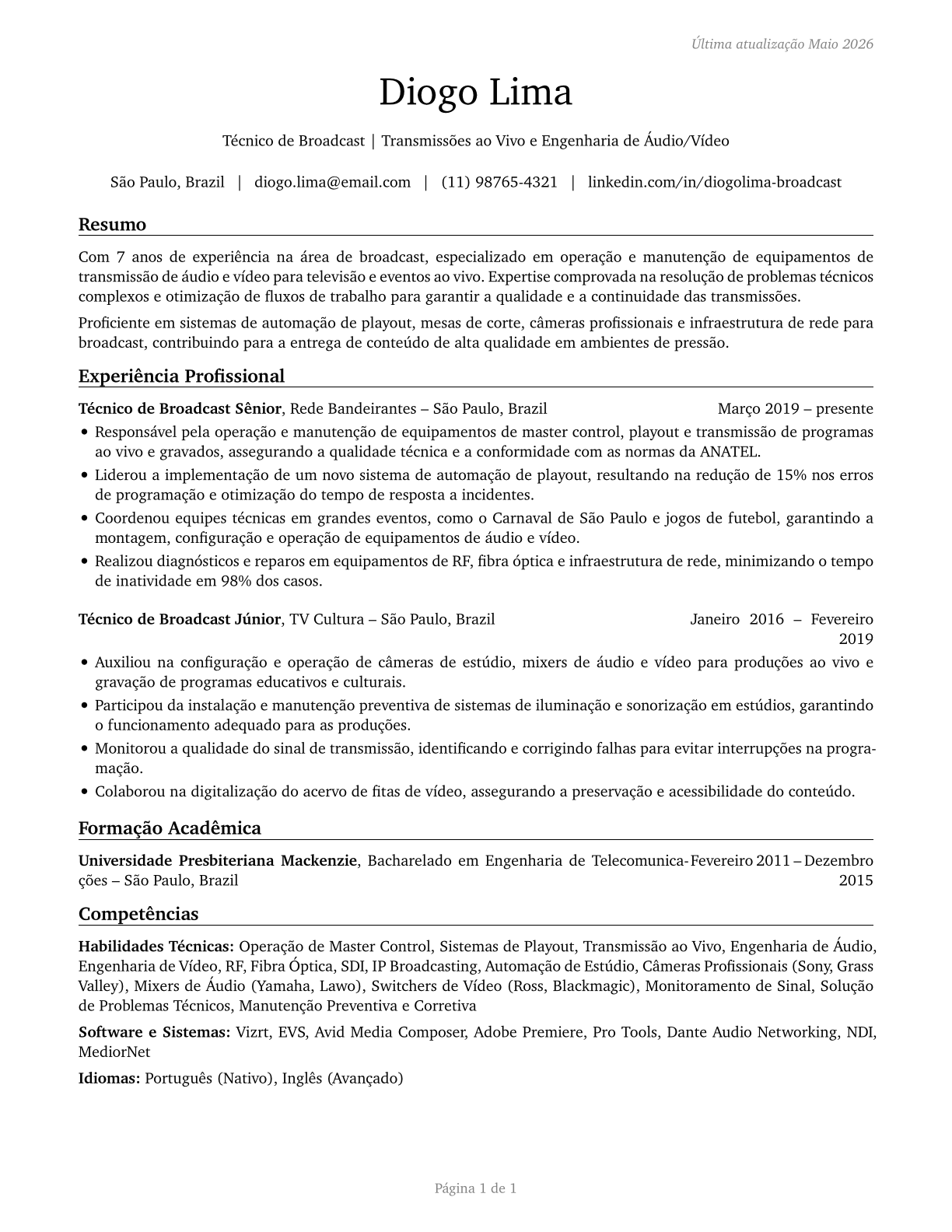 Broadcast Technicians CV in Portuguese — page 1