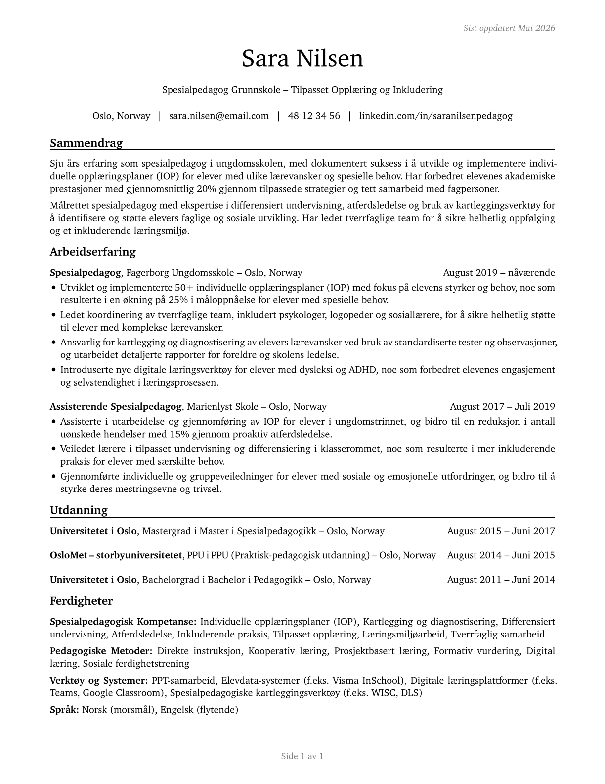 Special Education Teachers, Middle School CV in Norwegian_bokmal — page 1