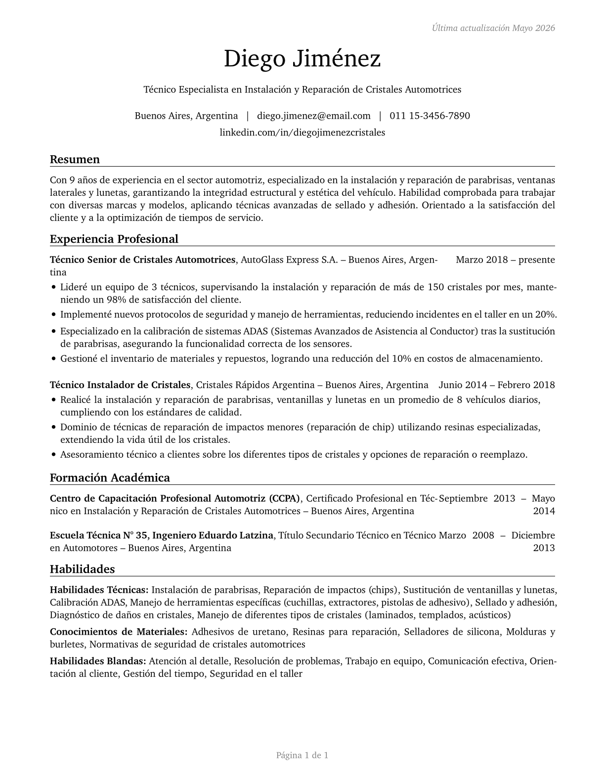Automotive Glass Installers and Repairers CV in Spanish — page 1