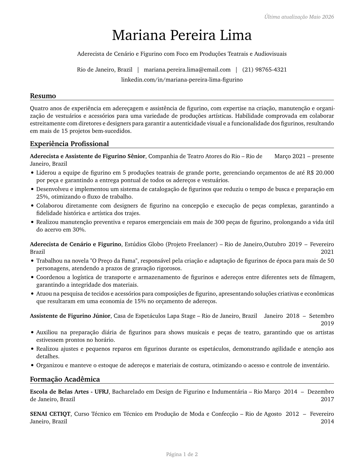 Costume Attendants CV in Portuguese — page 1