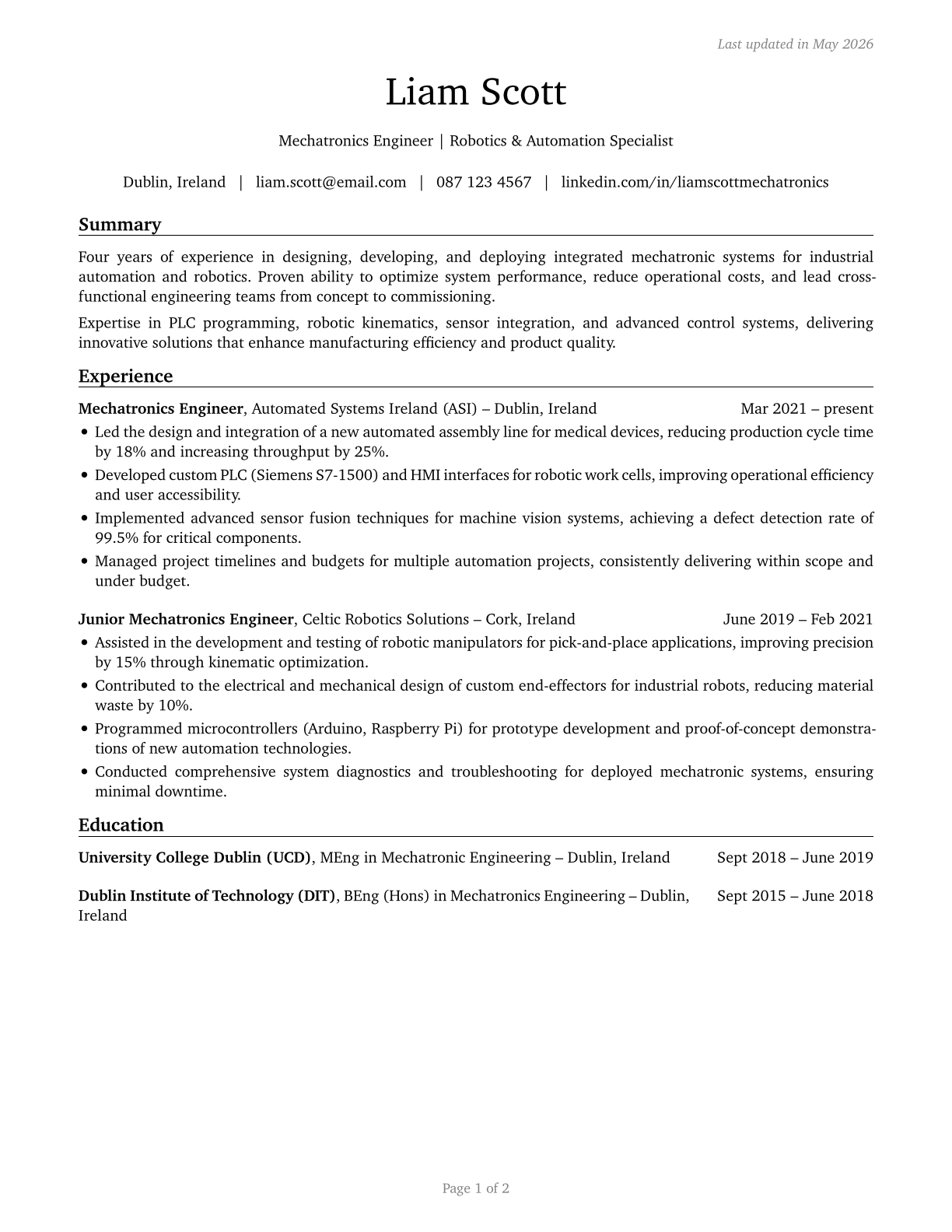 Mechatronics Engineers CV in English — page 1