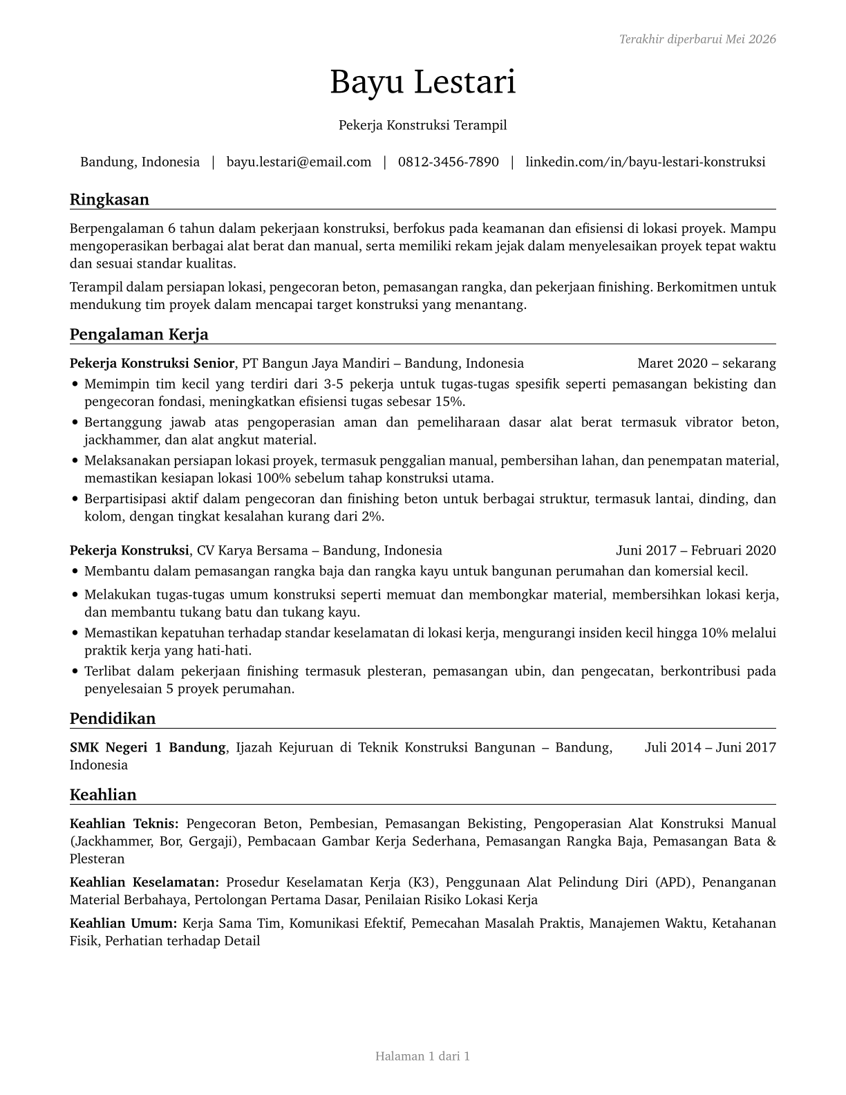 Construction Laborers CV in Indonesian — page 1