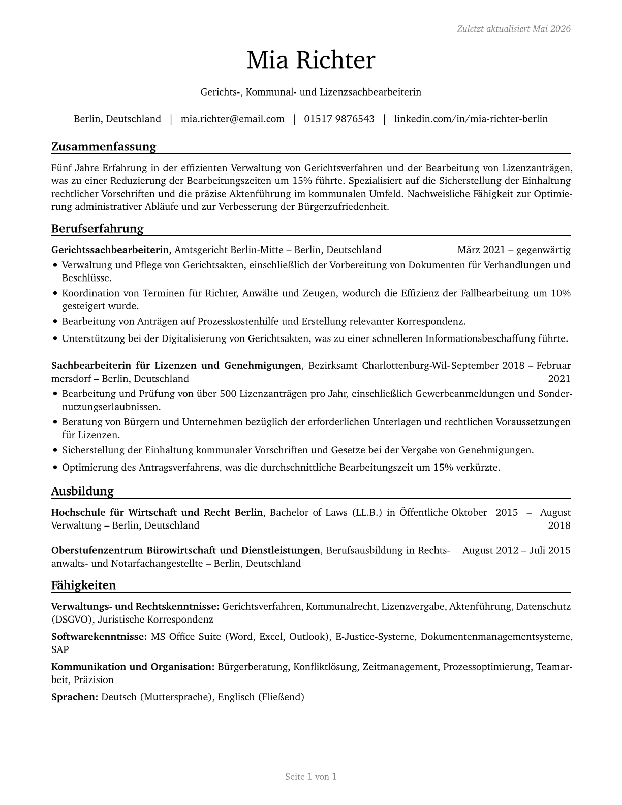 Court, Municipal, and License Clerks CV in German — page 1