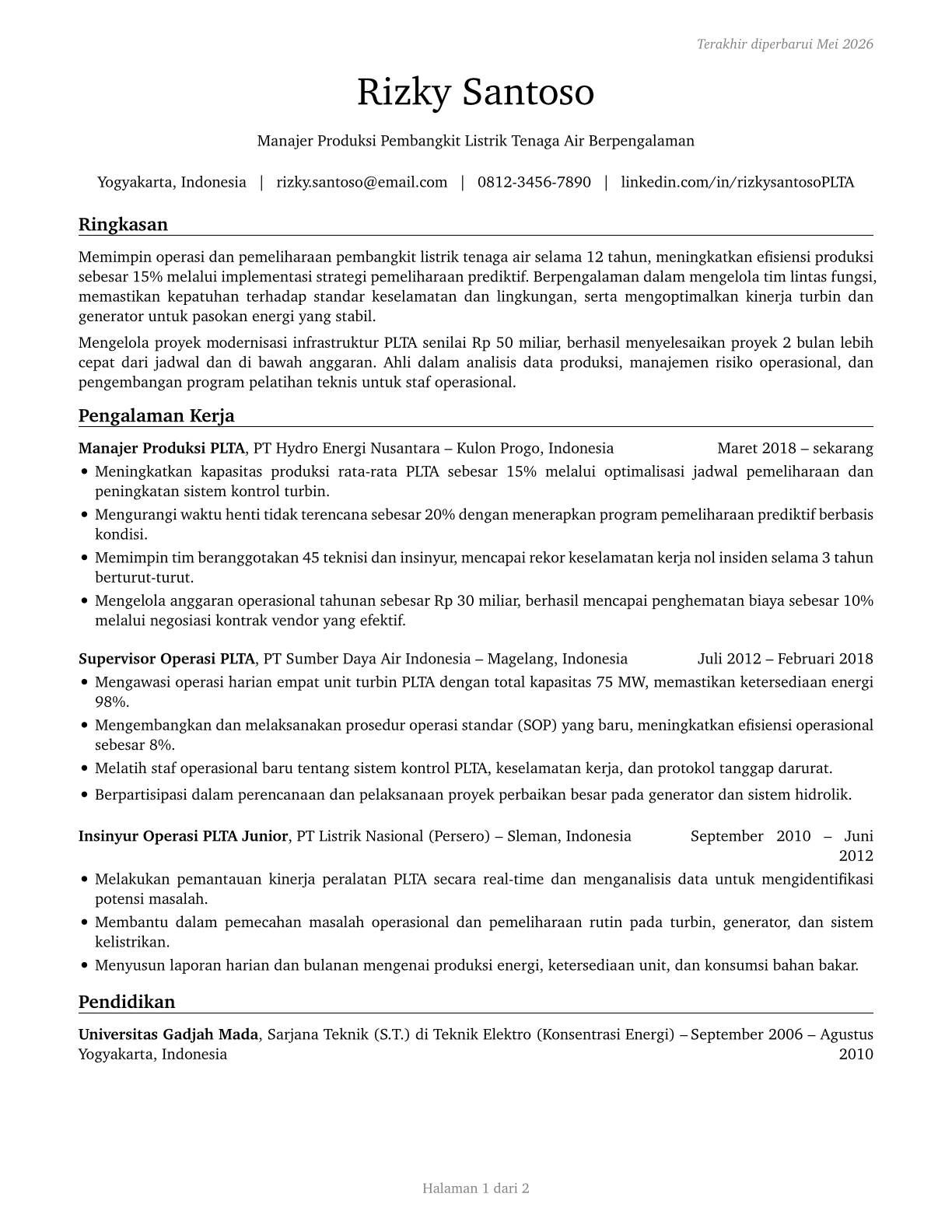 Hydroelectric Production Managers CV in Indonesian — page 1