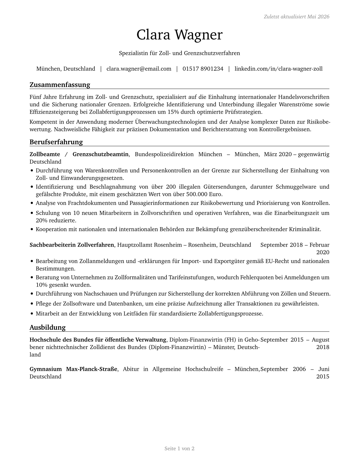 Customs and Border Protection Officers CV in German — page 1