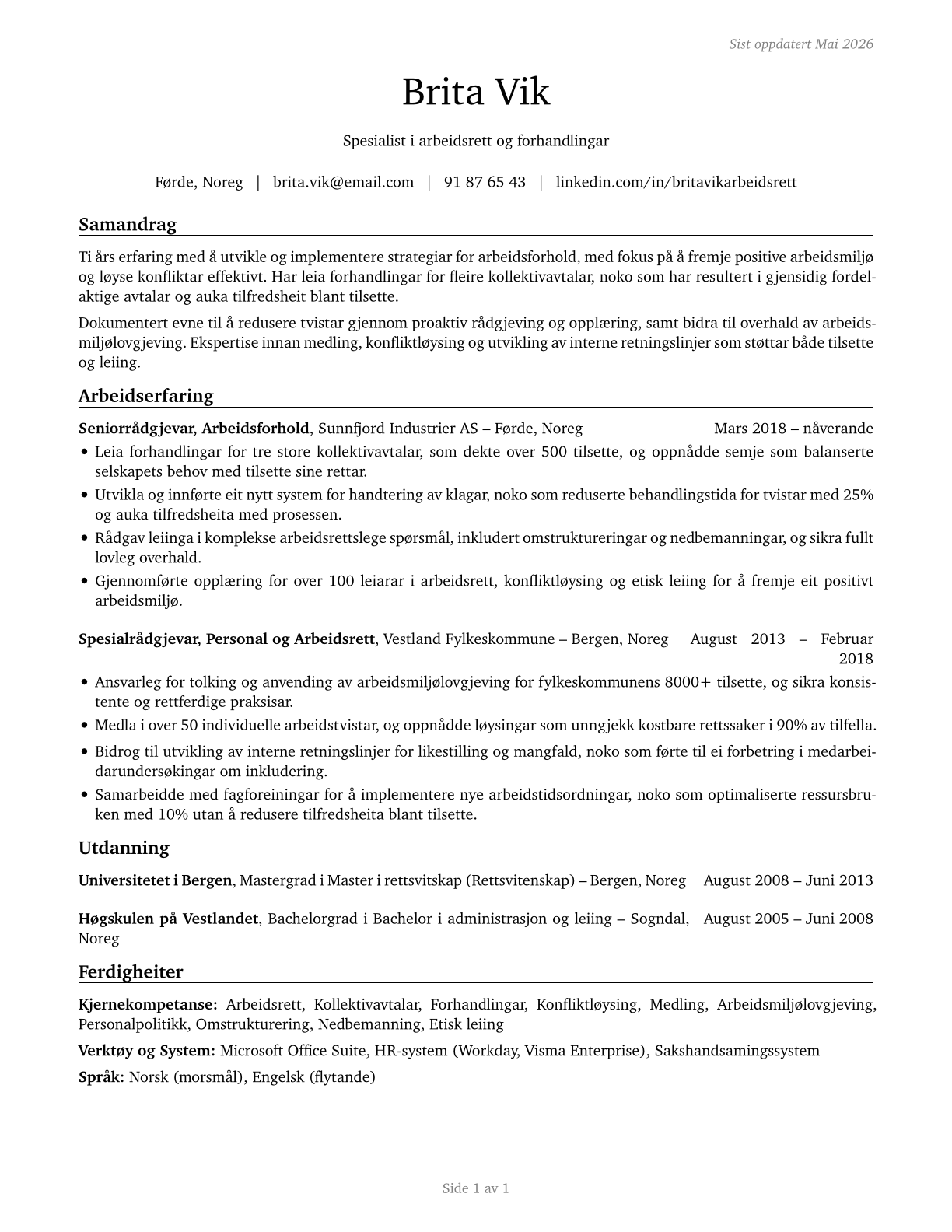 Labor Relations Specialists CV in Norwegian_nynorsk — page 1