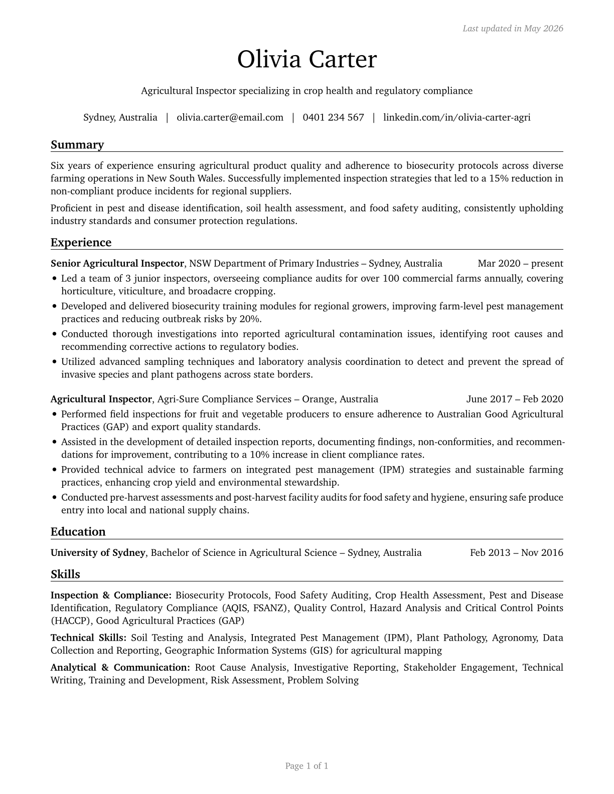 Agricultural Inspectors CV in English — page 1