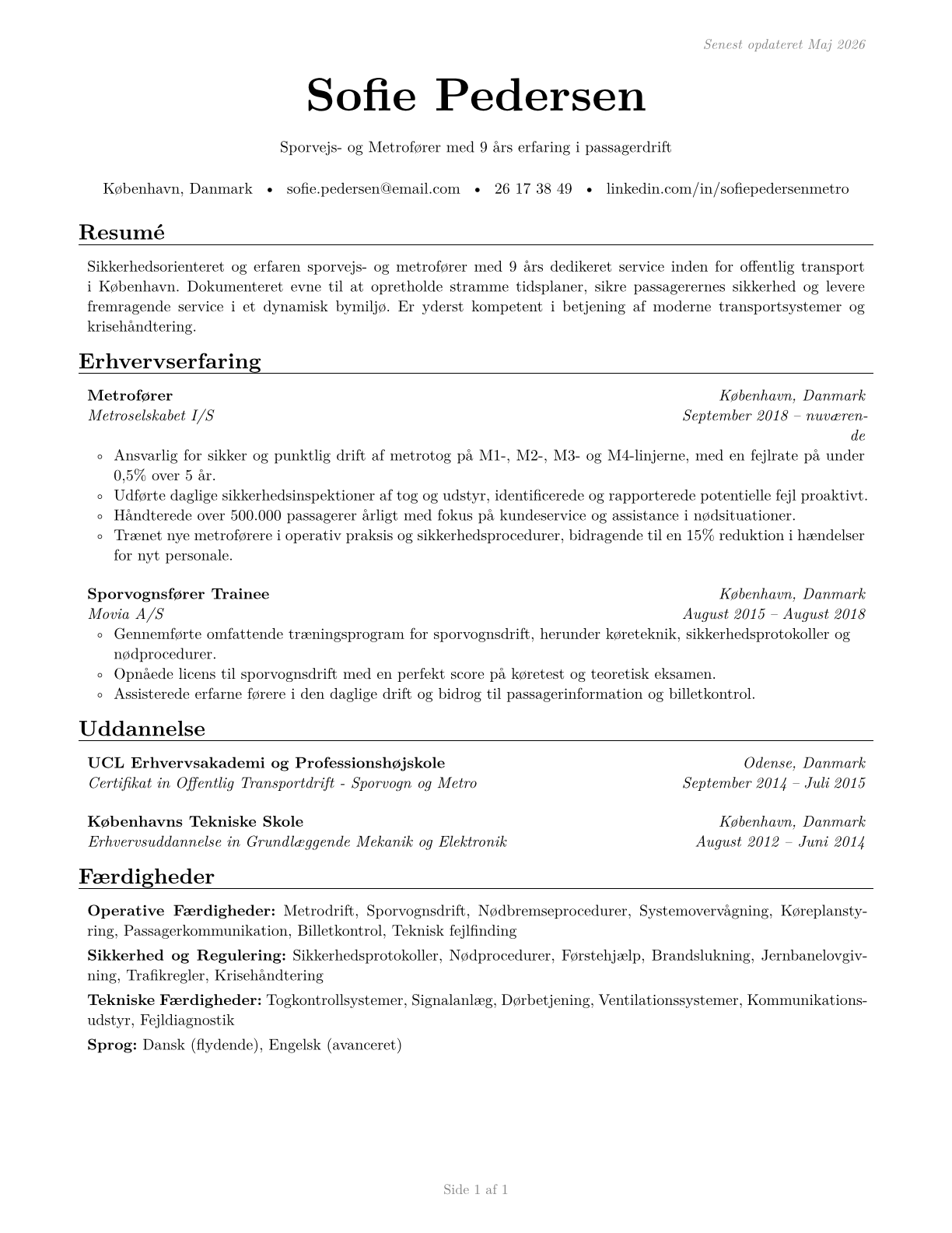 Subway and Streetcar Operators CV in Danish — page 1
