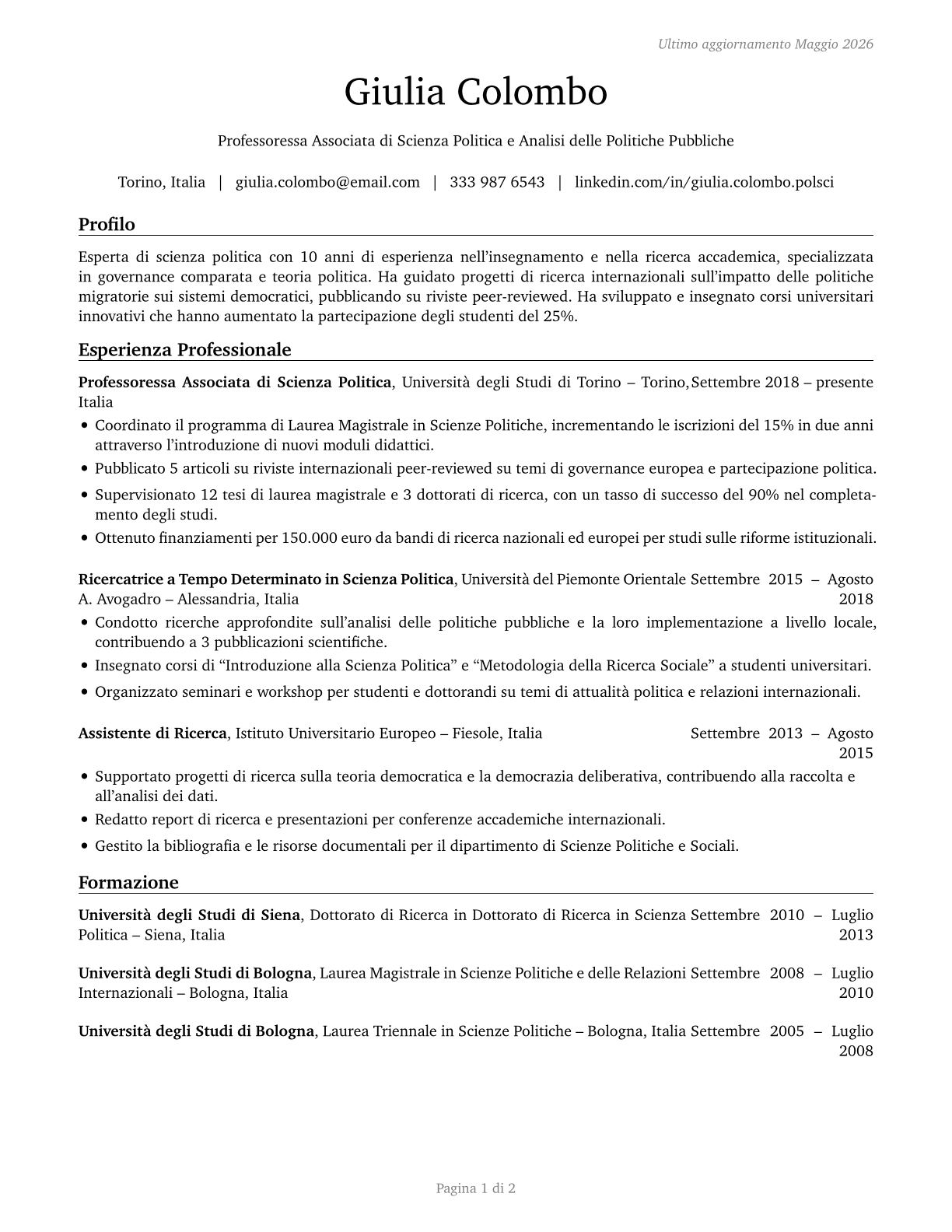 Political Science Teachers, Postsecondary CV in Italian — page 1