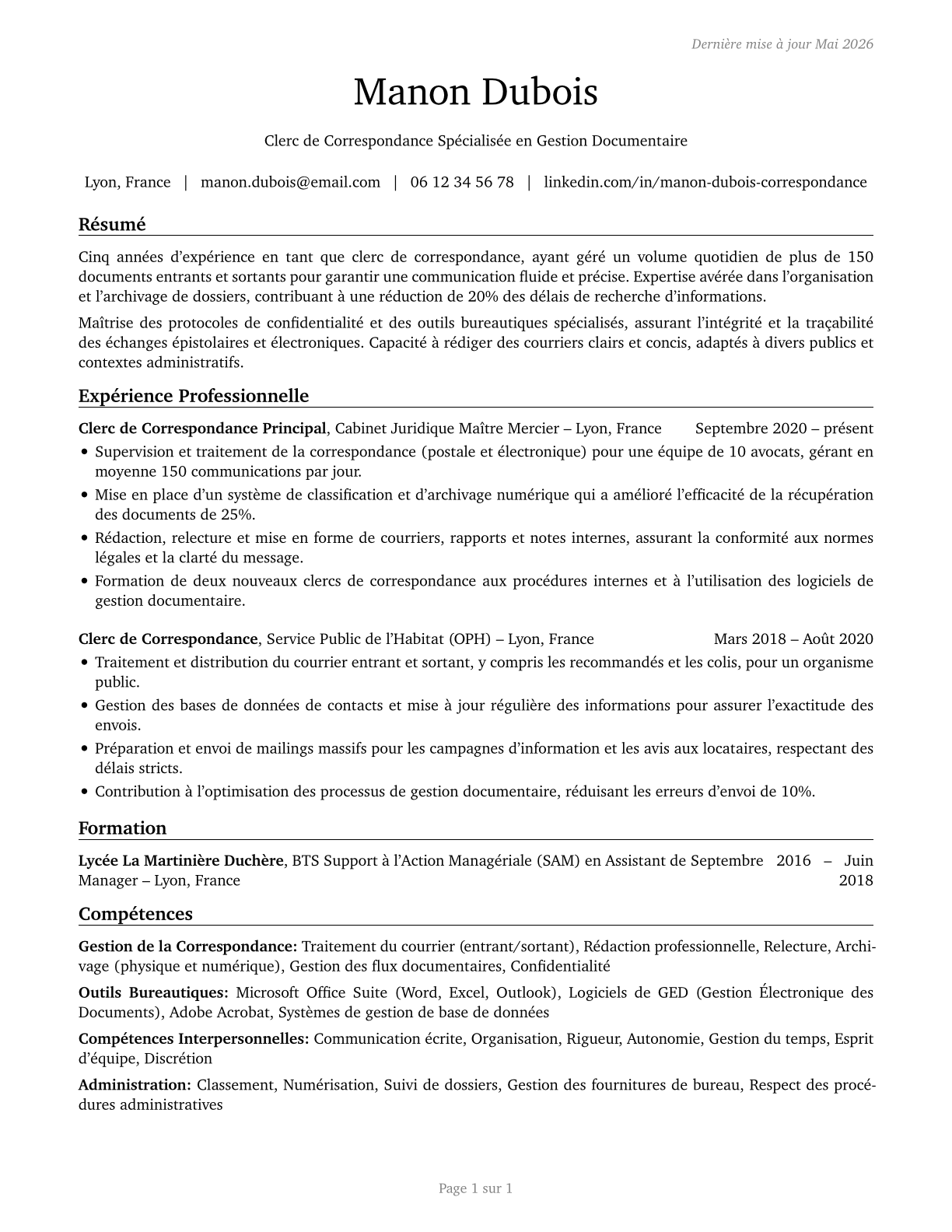 Correspondence Clerks CV in French — page 1