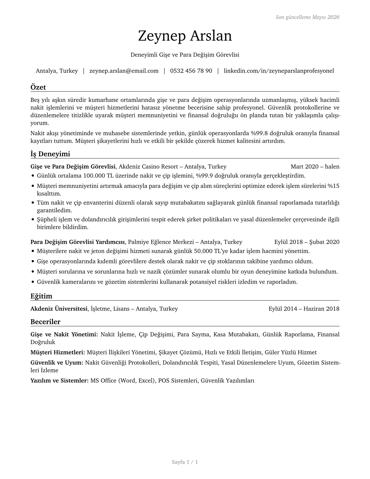 Gambling Change Persons and Booth Cashiers CV in Turkish — page 1