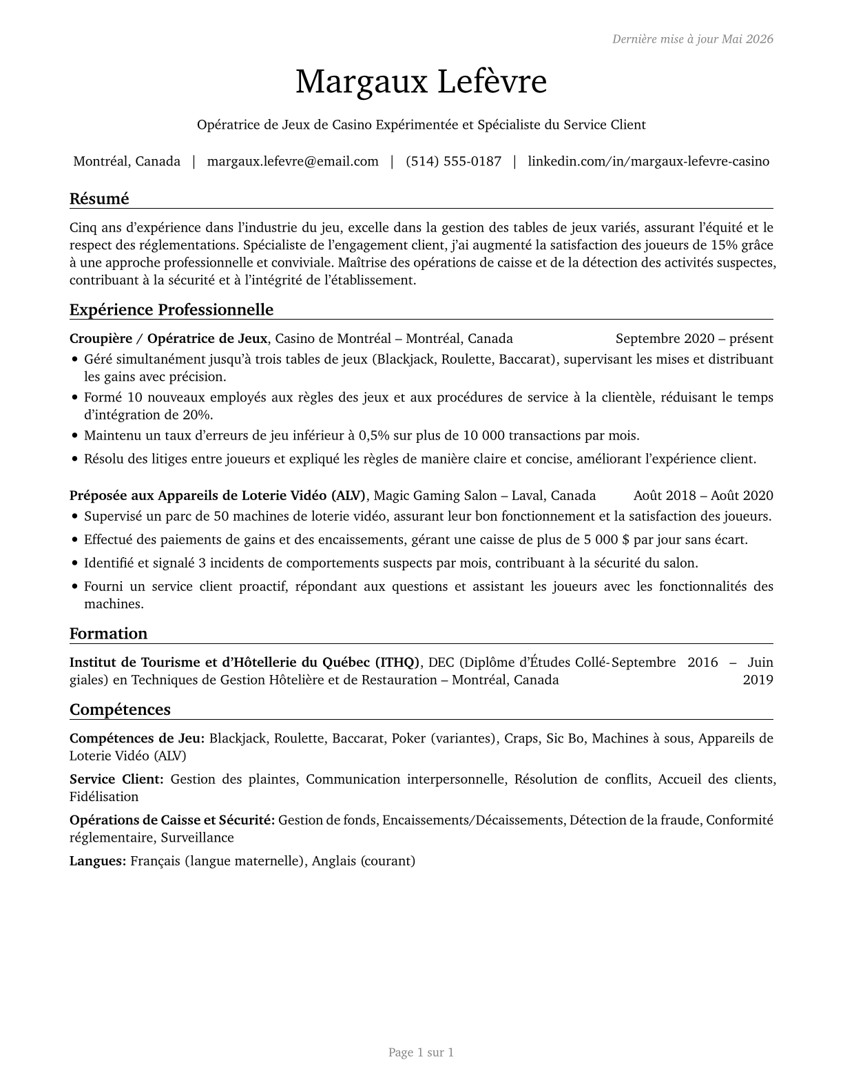 Gambling Service Workers, All Other CV in French — page 1